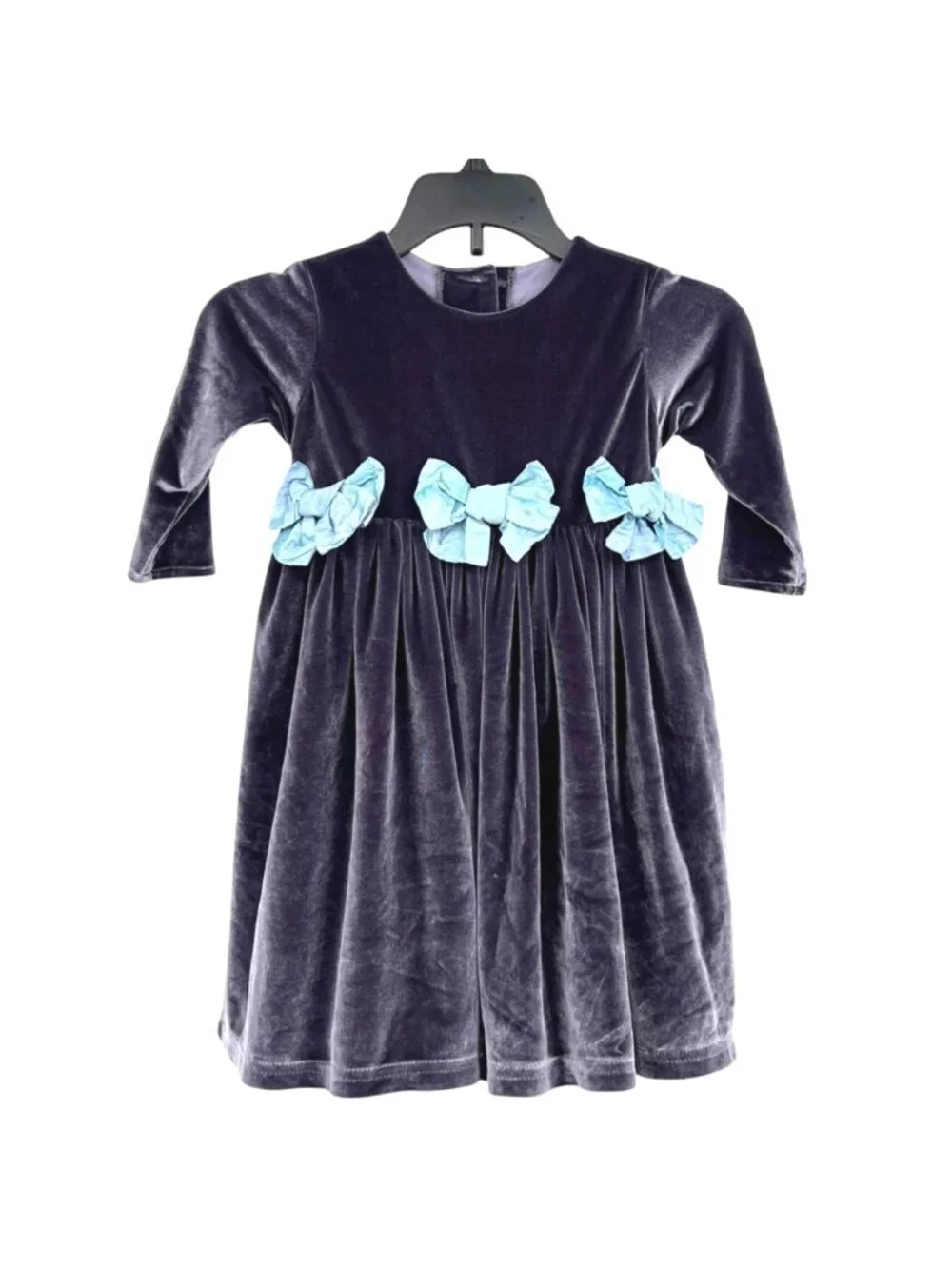 Mademoiselle Charlotte Velvet Gray Dress Blue Bow Accents Long Sleeves Size 2T